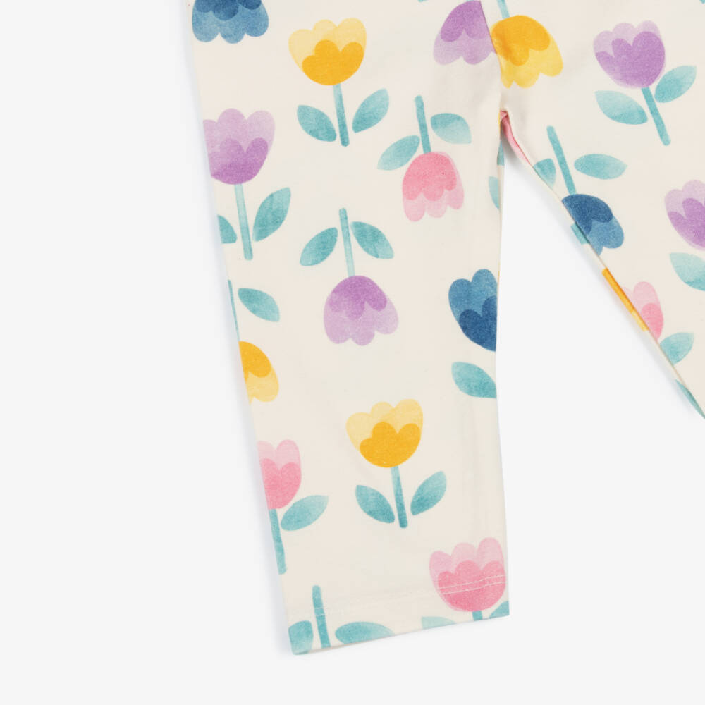 Mayoral-Girls Ivory Cotton Leggings with Colourful Flower Print | Childrensalon