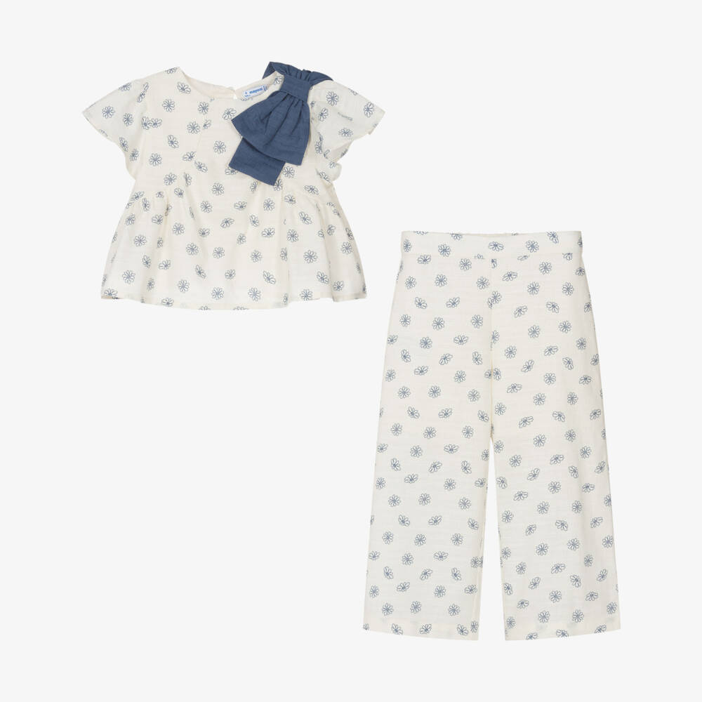 Mayoral-Girls Ivory Cotton & Linen Floral Print Trouser Set | Childrensalon