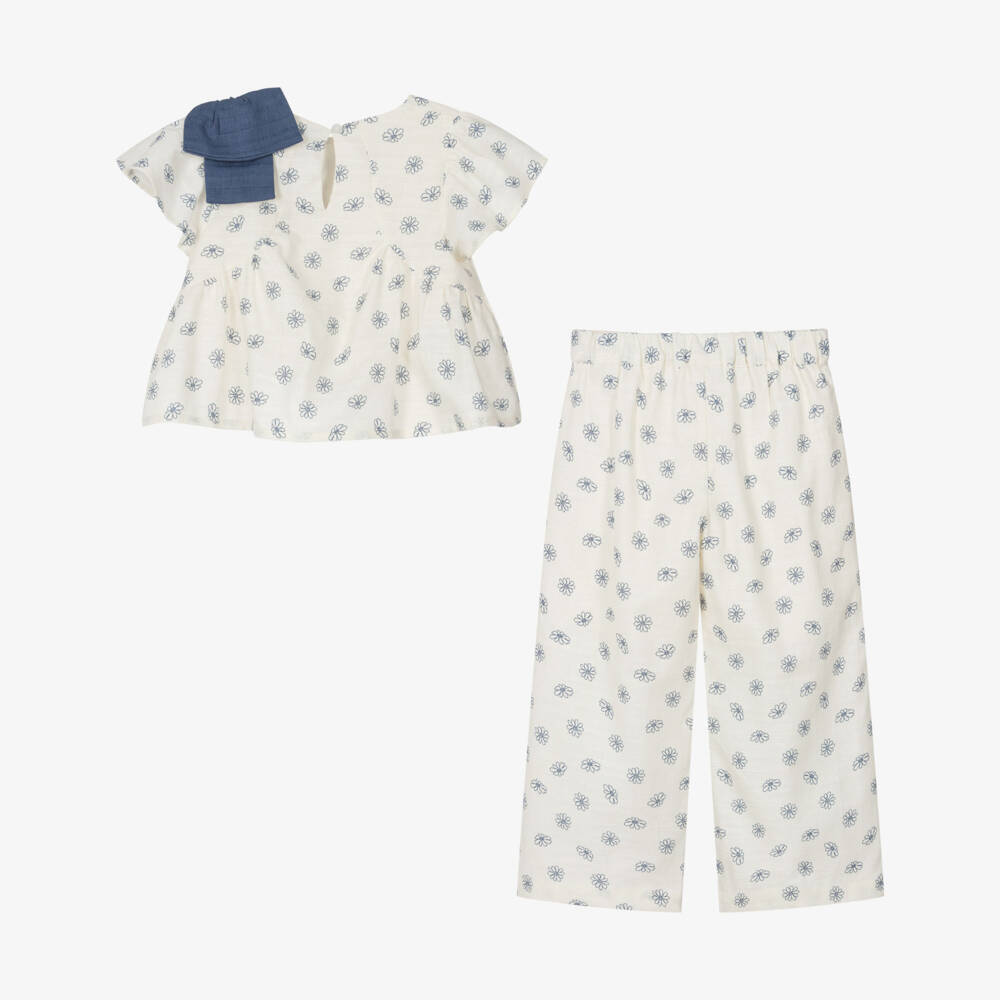 Mayoral-Girls Ivory Cotton & Linen Floral Print Trouser Set | Childrensalon