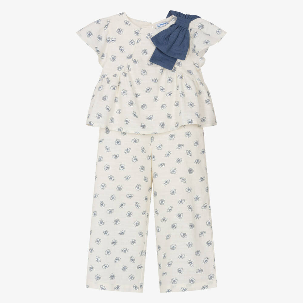 Mayoral-Girls Ivory Cotton & Linen Floral Print Trouser Set | Childrensalon
