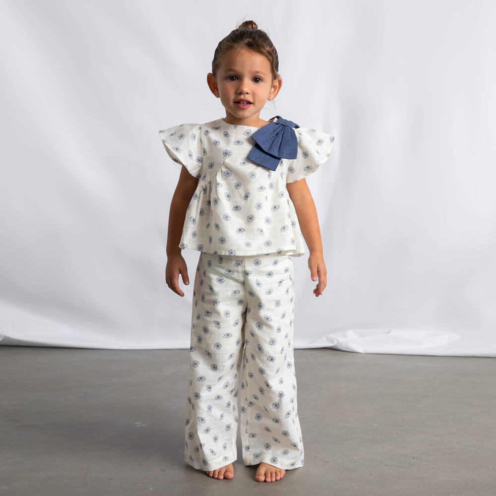 Mayoral-Girls Ivory Cotton & Linen Floral Print Trouser Set | Childrensalon