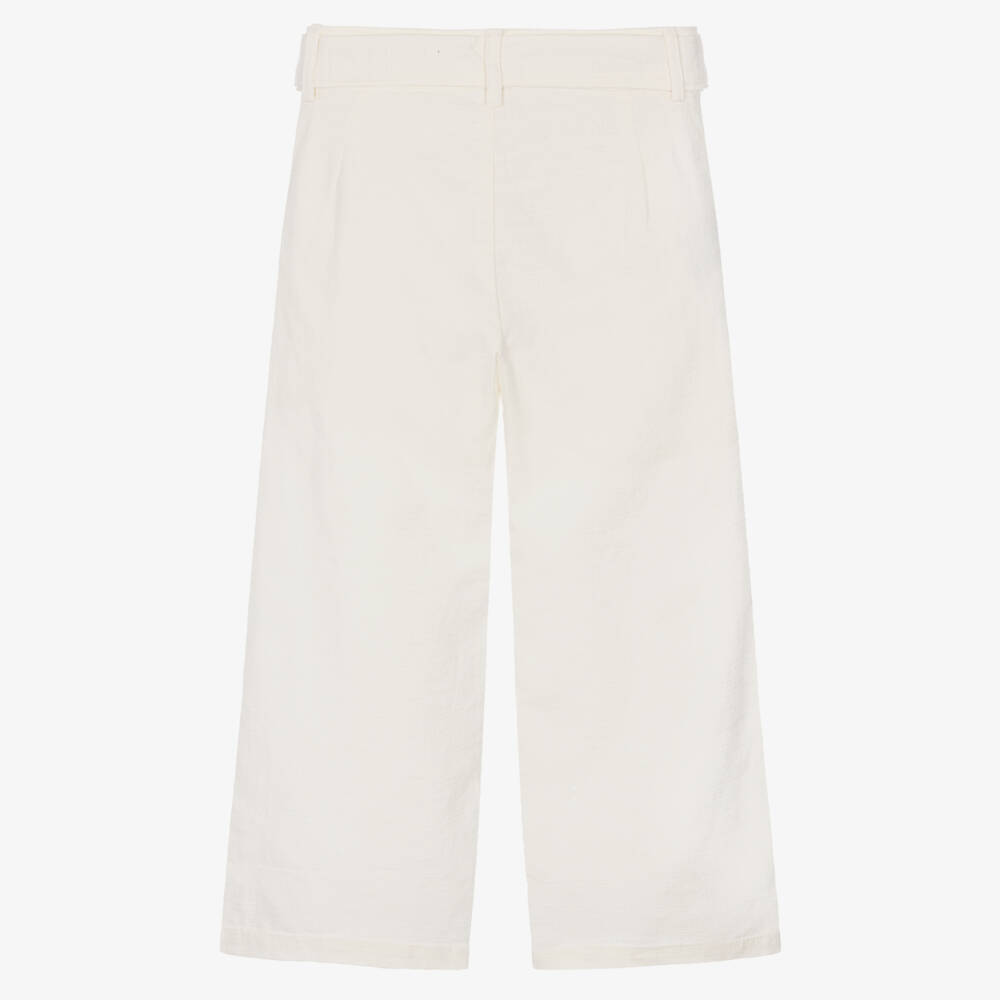 Mayoral-Girls Ivory Cotton & Linen Trousers with Floral Embroidery | Childrensalon