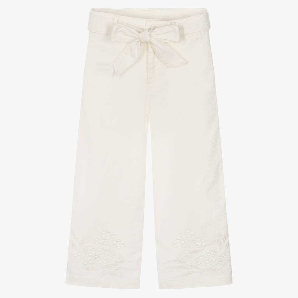 Mayoral-Girls Ivory Cotton & Linen Trousers with Floral Embroidery | Childrensalon
