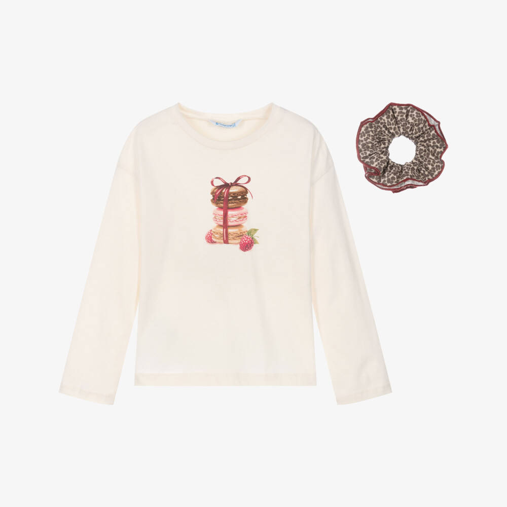 Mayoral-Girls Ivory Cotton Macaron Print Top & Scrunchie | Childrensalon