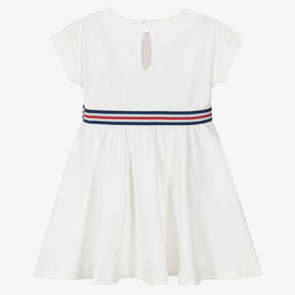 Mayoral-Girls Ivory Cotton Piqué Dress with Striped Waistband | Childrensalon