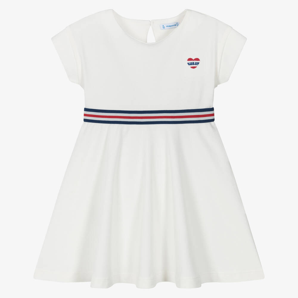 Mayoral-Girls Ivory Cotton Piqué Dress with Striped Waistband | Childrensalon
