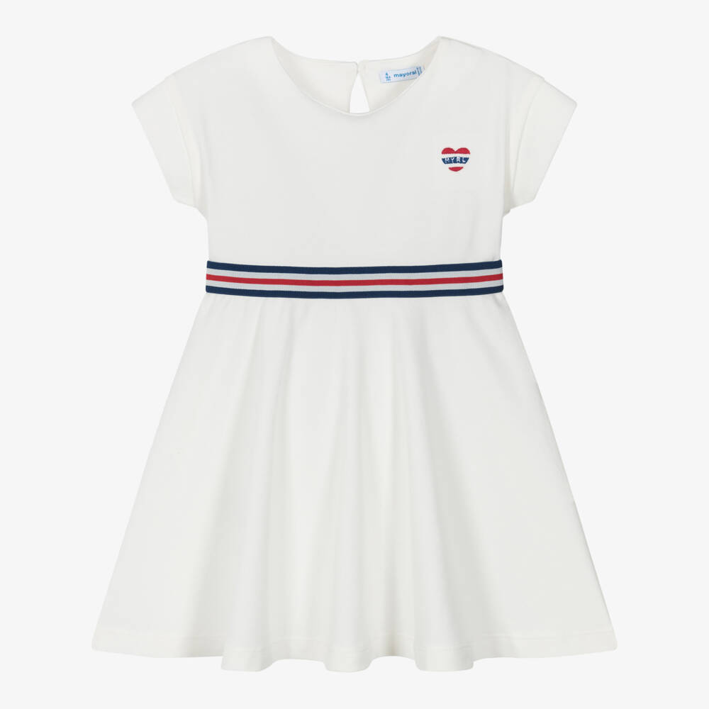 Mayoral-Girls Ivory Cotton Piqué Dress with Striped Waistband | Childrensalon
