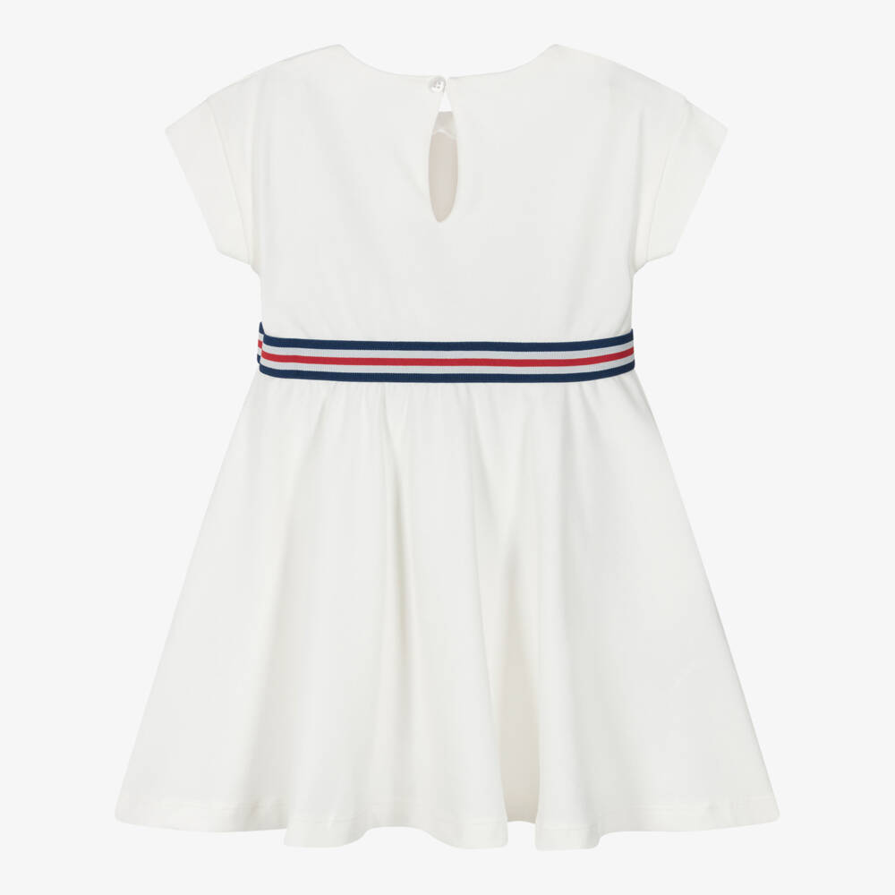 Mayoral-Girls Ivory Cotton Piqué Dress with Striped Waistband | Childrensalon