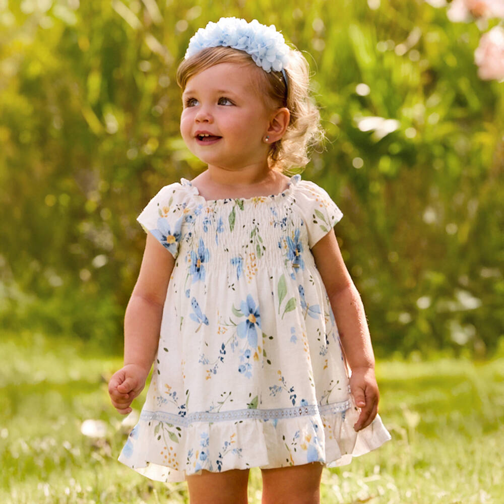 Mayoral-Girls Ivory Cotton Shirred Dress with Blue Floral Print | Childrensalon