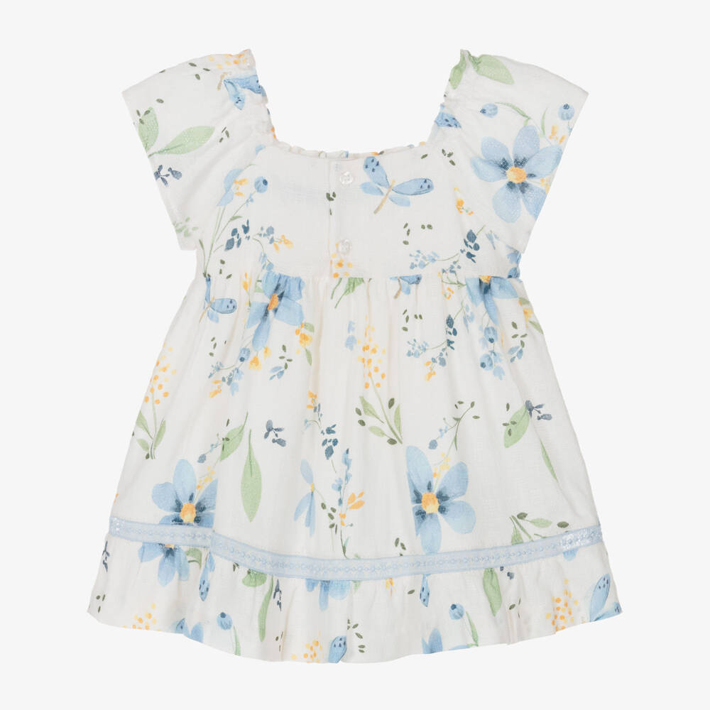 Mayoral-Girls Ivory Cotton Shirred Dress with Blue Floral Print | Childrensalon