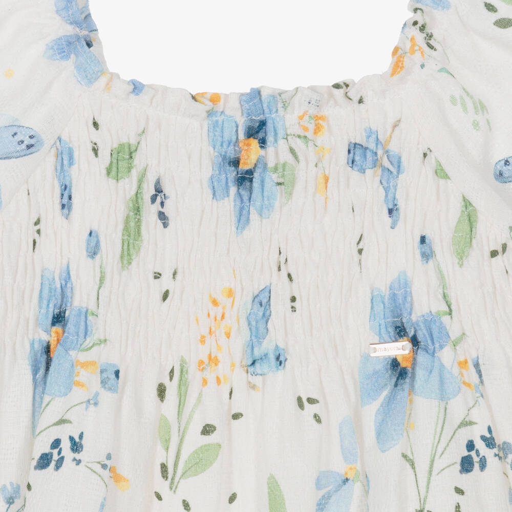 Mayoral-Girls Ivory Cotton Shirred Dress with Blue Floral Print | Childrensalon