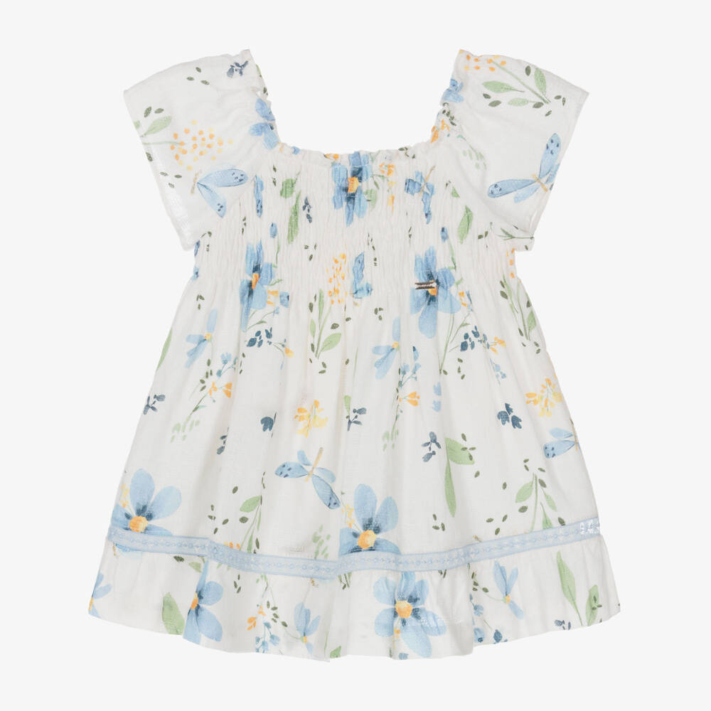 Mayoral-Girls Ivory Cotton Shirred Dress with Blue Floral Print | Childrensalon