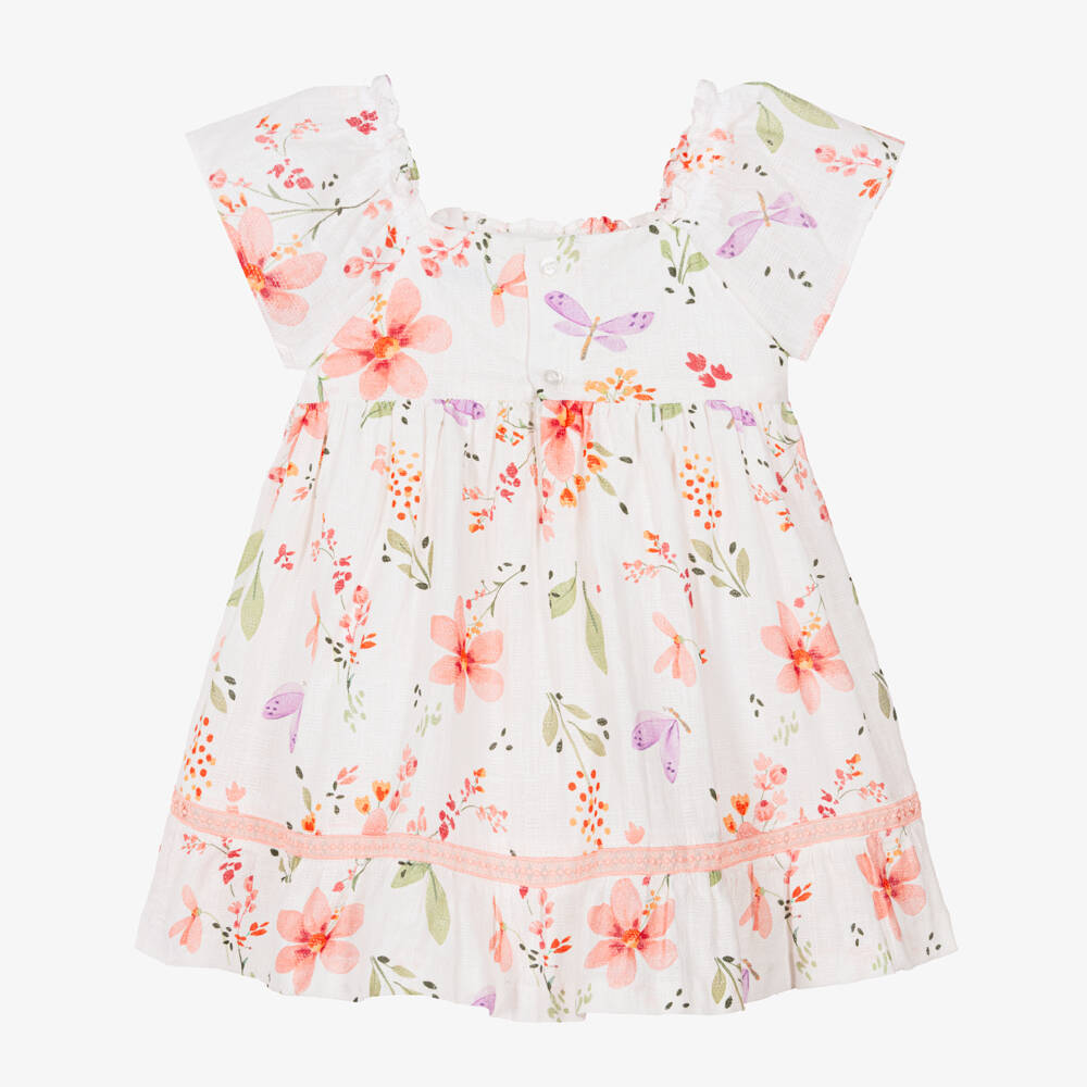 Mayoral-Girls Ivory Cotton Shirred Dress with Pink Floral Print | Childrensalon