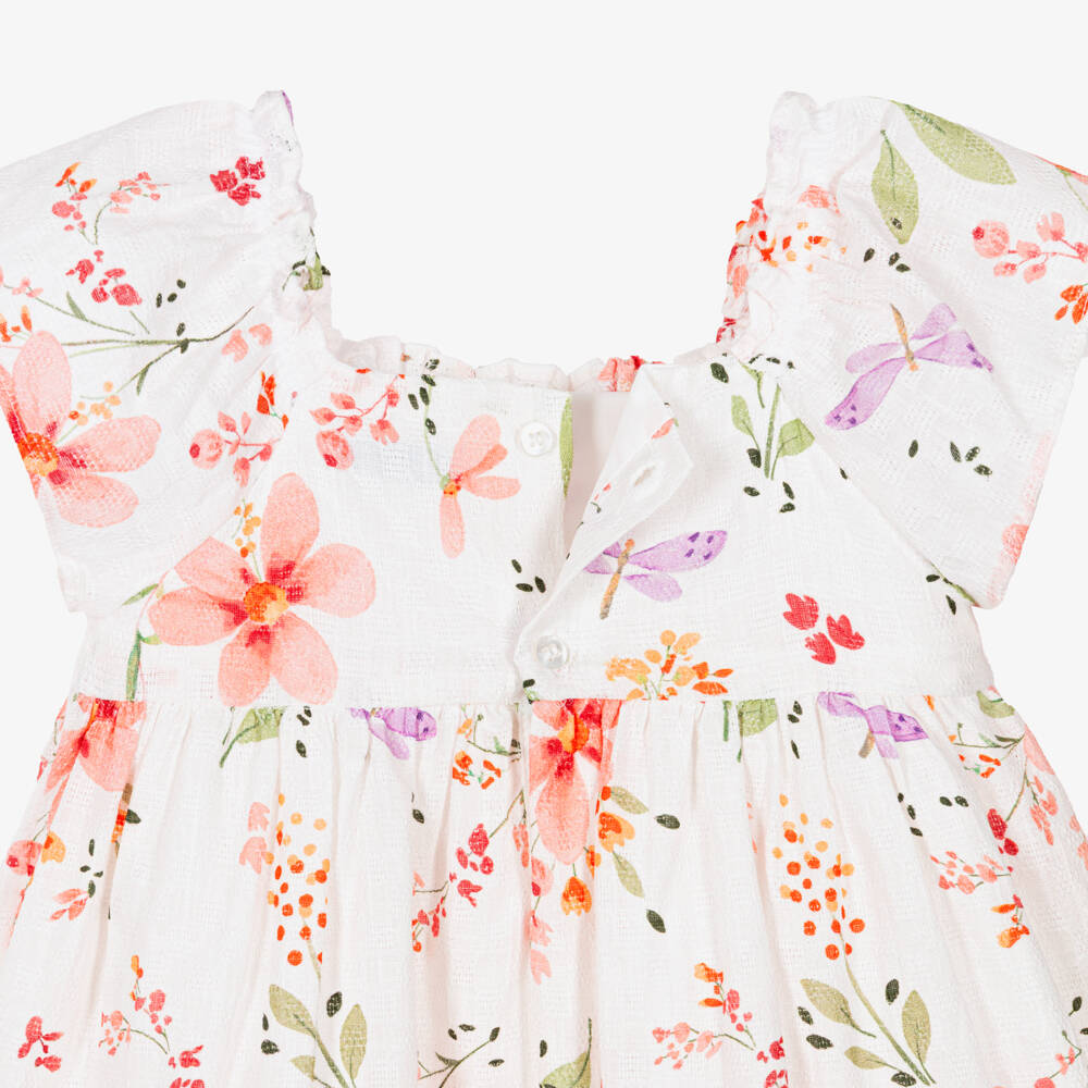 Mayoral-Girls Ivory Cotton Shirred Dress with Pink Floral Print | Childrensalon