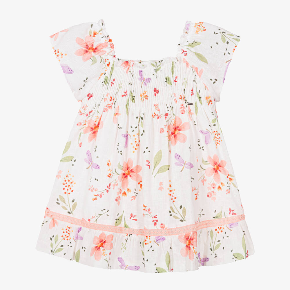 Mayoral-Girls Ivory Cotton Shirred Dress with Pink Floral Print | Childrensalon