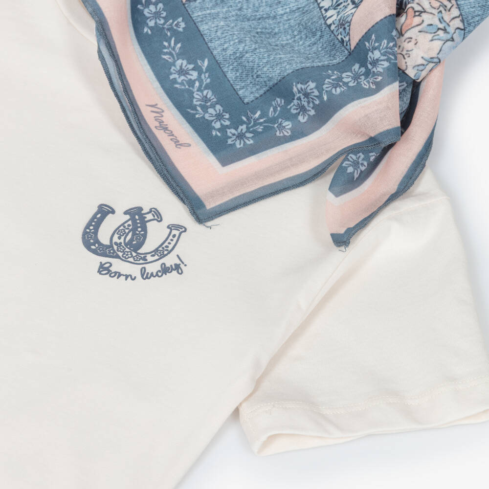 Mayoral-Girls Ivory Cotton T-Shirt with Bandana | Childrensalon