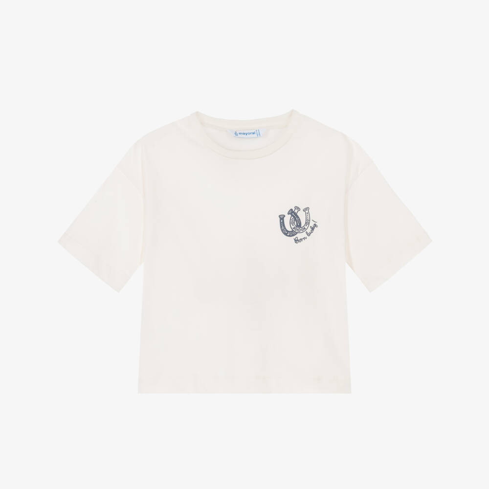 Mayoral-Girls Ivory Cotton T-Shirt with Bandana | Childrensalon