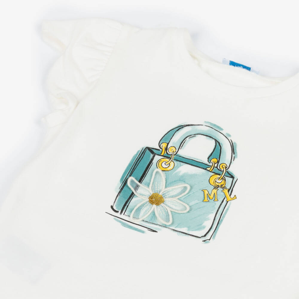Mayoral-Футболка кремовая из хлопка с синим принтом сумки для девочек | Childrensalon