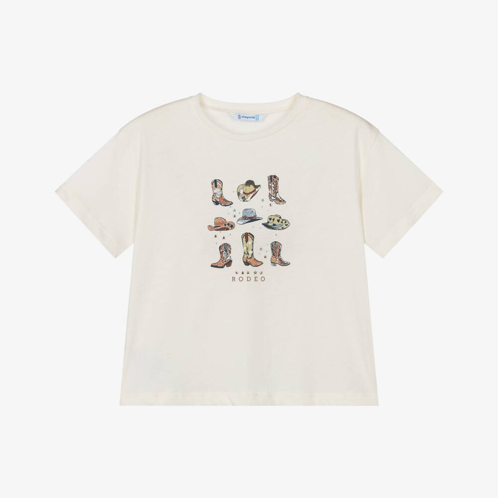 Mayoral-تيشيرت قطن بطبعة كاوبوي لون عاجي للبنات | Childrensalon
