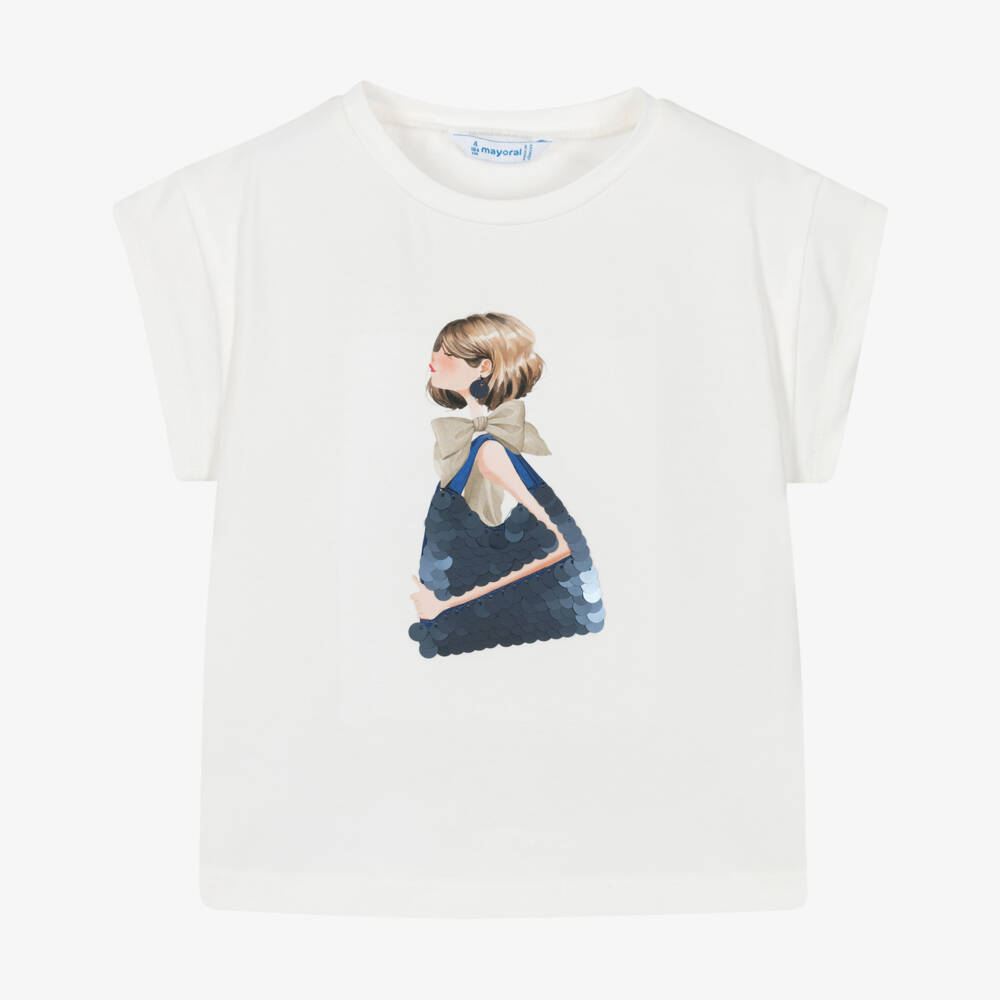 Mayoral-Girls Ivory Cotton T-Shirt with Girl Motif | Childrensalon