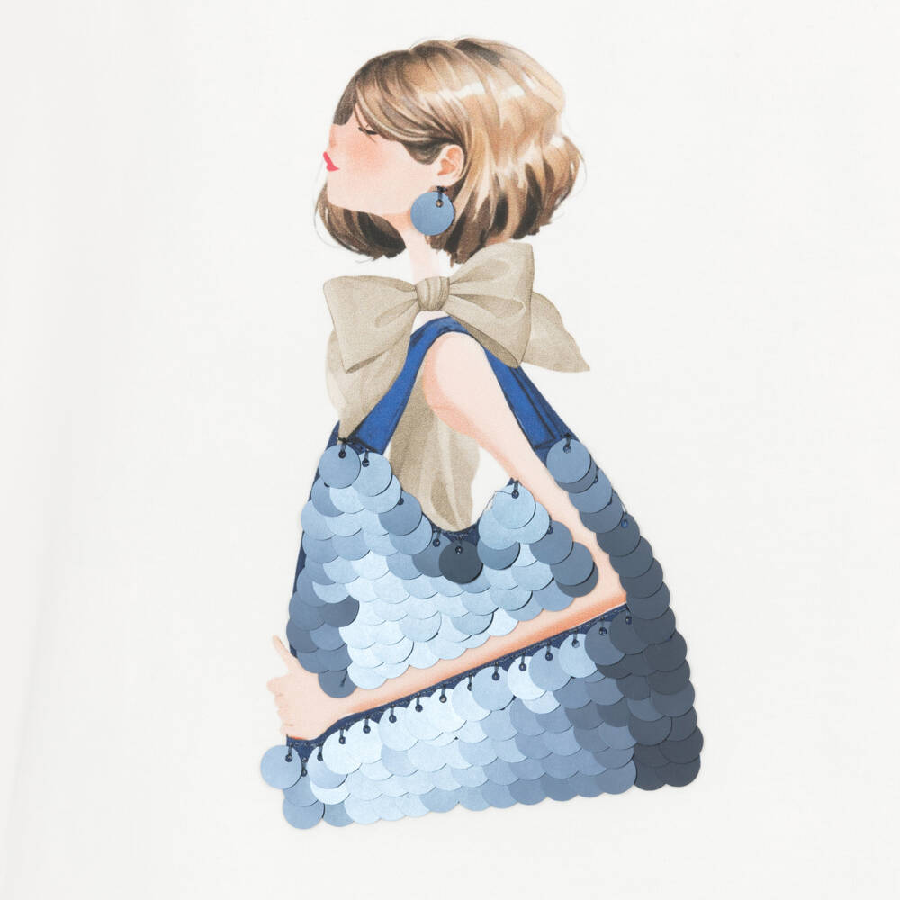Mayoral-Girls Ivory Cotton T-Shirt with Girl Motif | Childrensalon