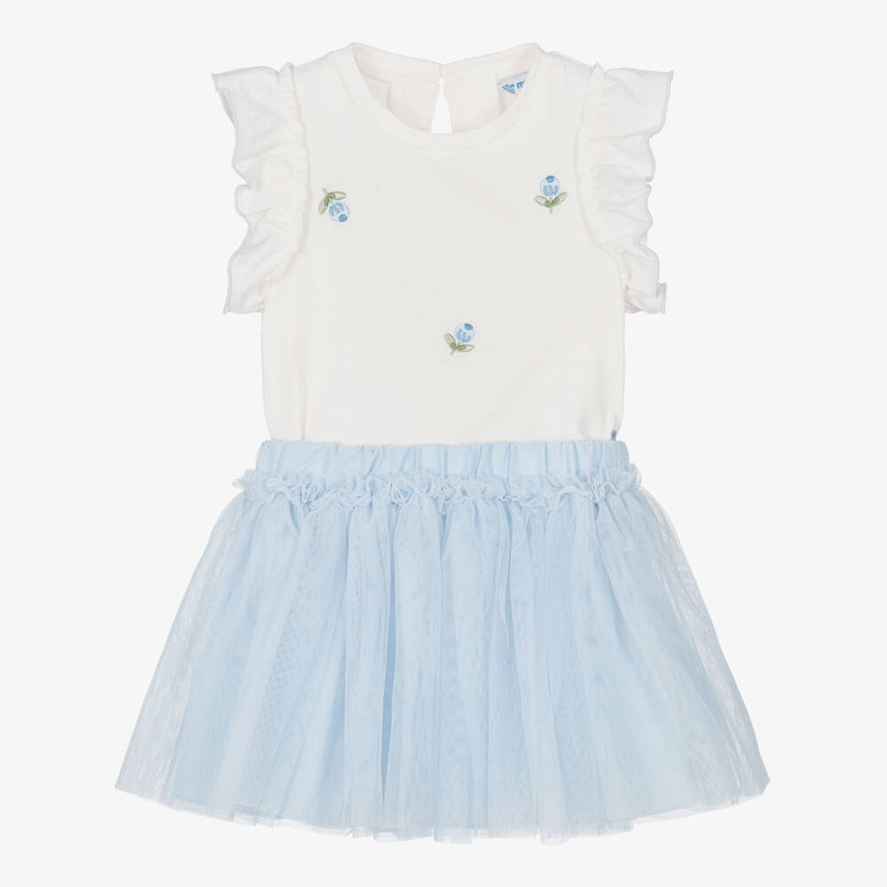 Mayoral-Girls Ivory Cotton Top & Blue Tulle Skirt Set  | Childrensalon