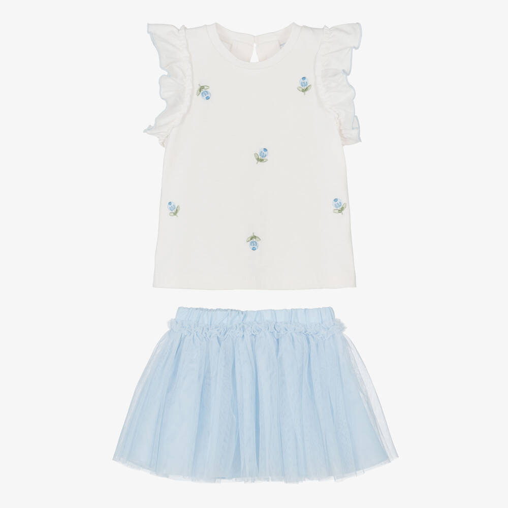Mayoral-Girls Ivory Cotton Top & Blue Tulle Skirt Set | Childrensalon