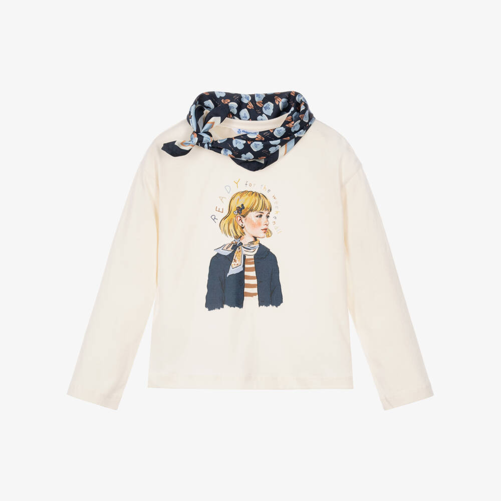 Mayoral-Girls Ivory Cotton Top & Navy Blue Scarf Set | Childrensalon