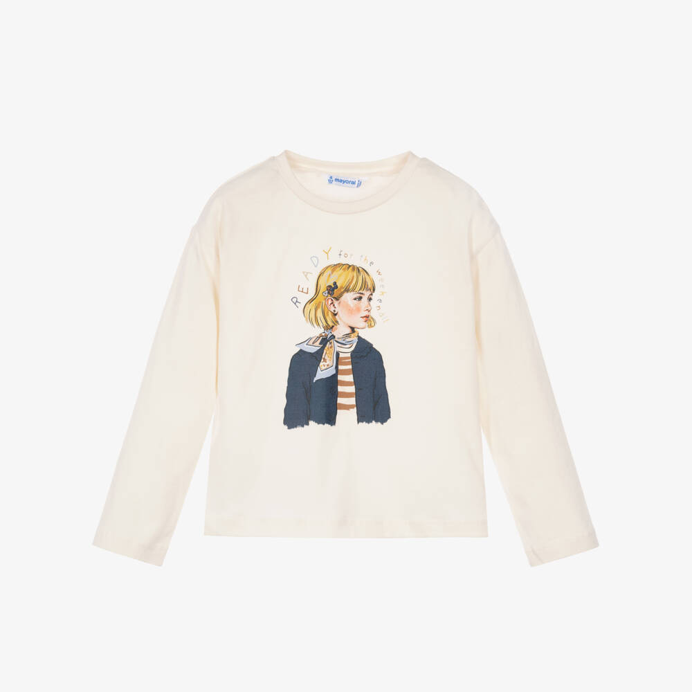 Mayoral-Girls Ivory Cotton Top & Navy Blue Scarf Set | Childrensalon