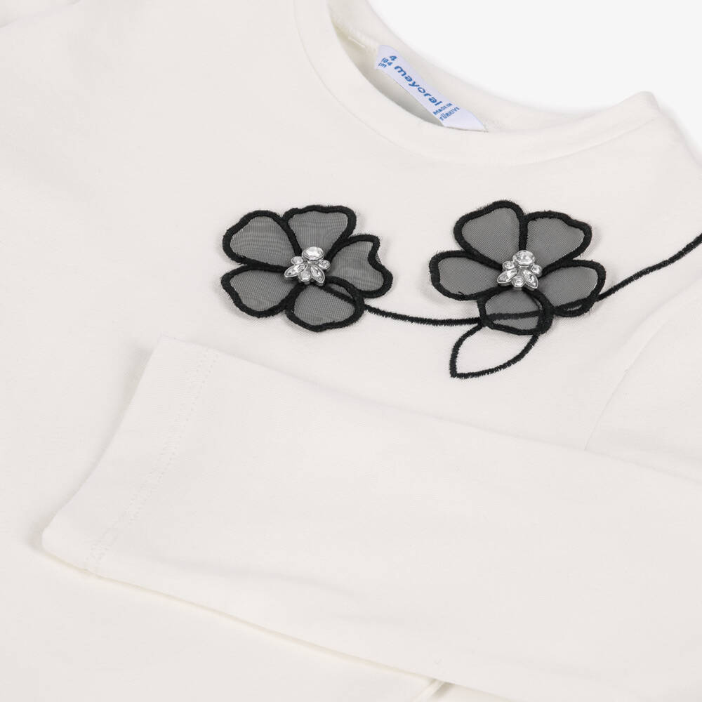Mayoral-Girls Ivory Cotton Top with Black 3D Flowers | Childrensalon