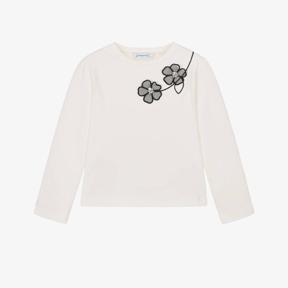Mayoral-Girls Ivory Cotton Top with Black 3D Flowers | Childrensalon
