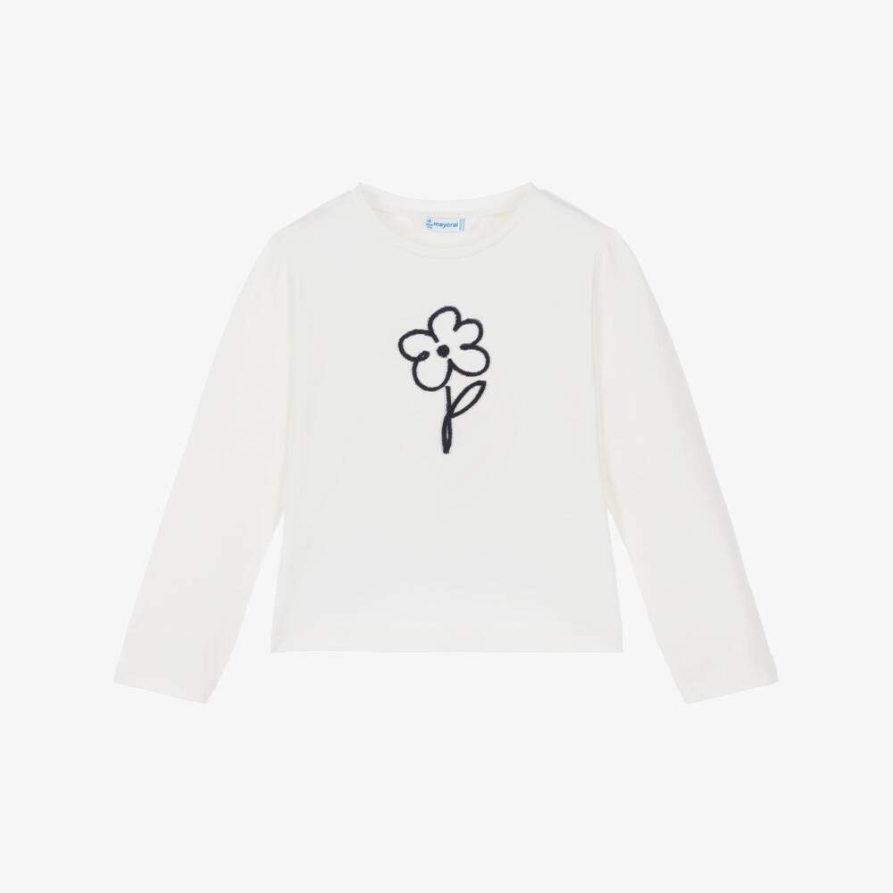 Mayoral-Girls Ivory Cotton Top with Blue Flower | Childrensalon