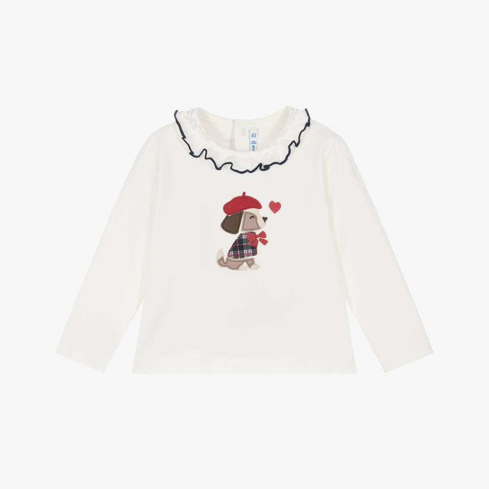 Mayoral-Girls Ivory Cotton Top with Dog Appliqué | Childrensalon