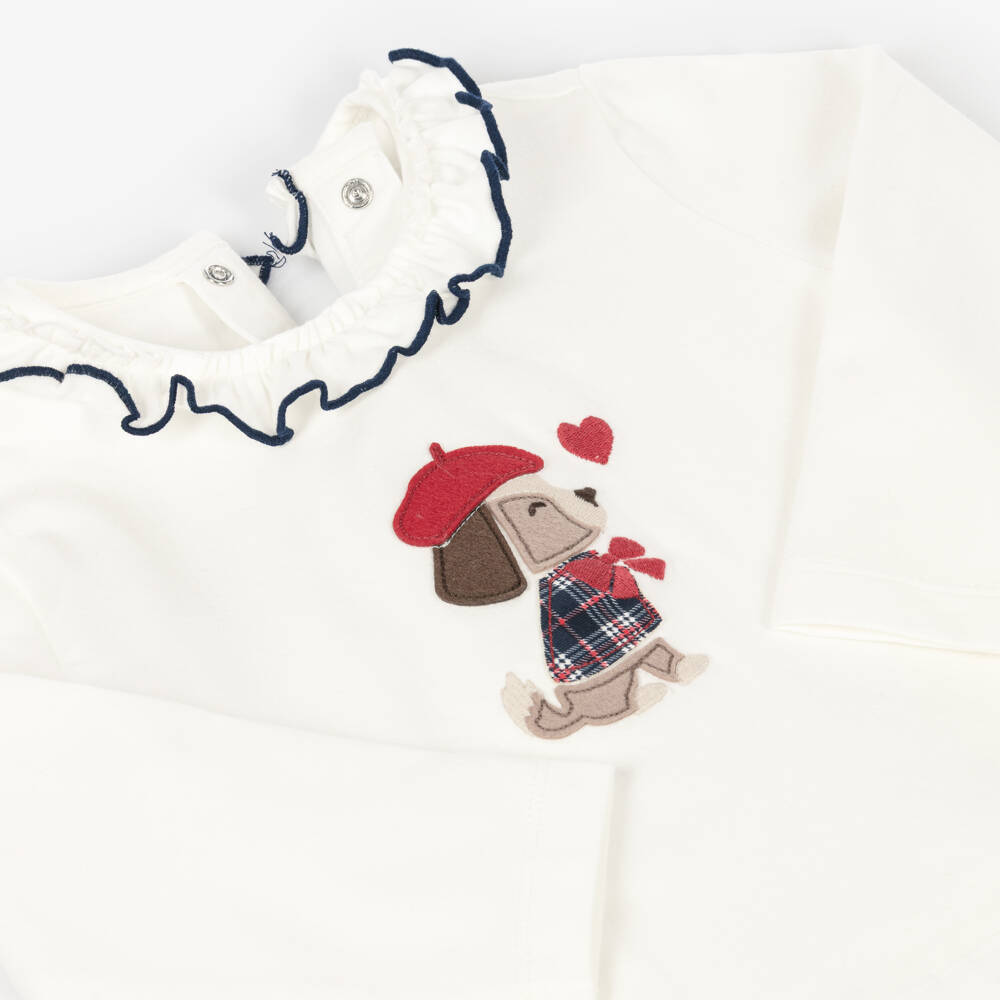 Mayoral-Girls Ivory Cotton Top with Dog Appliqué | Childrensalon