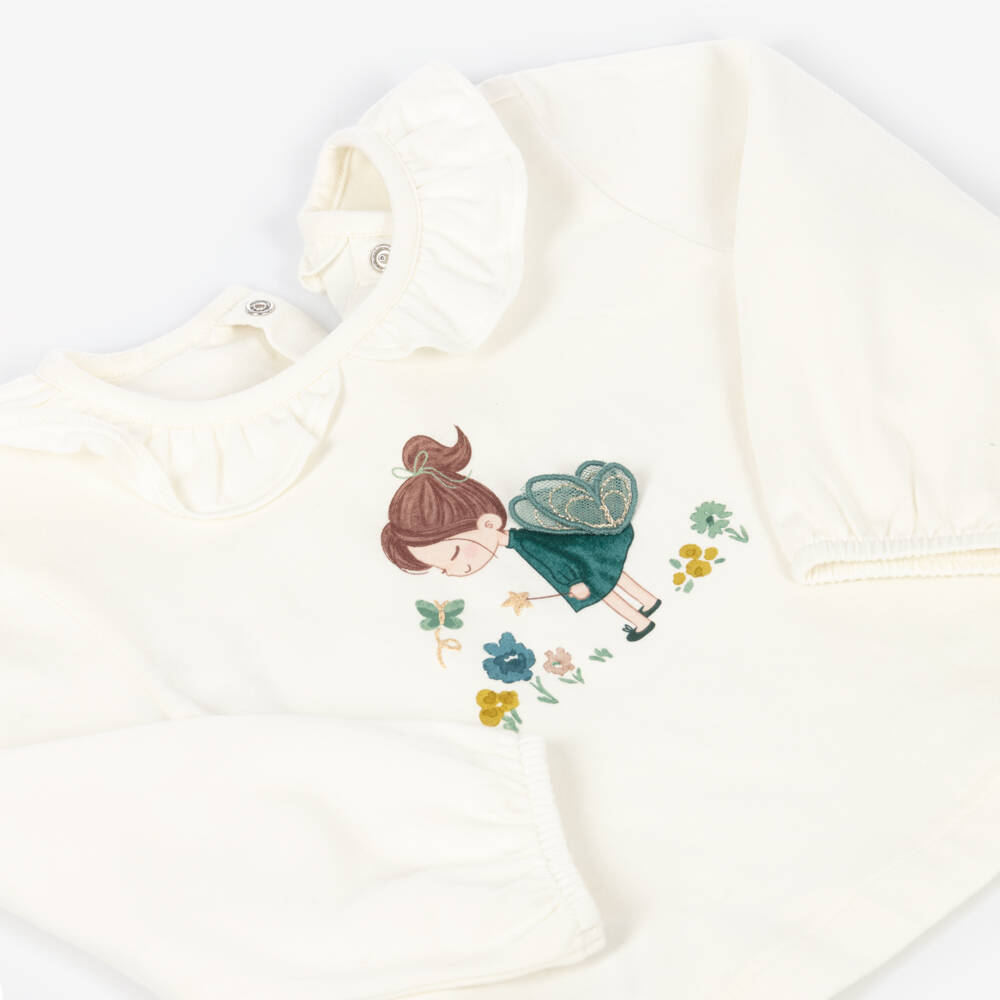 Mayoral-Girls Ivory Cotton Top with Garden Fairy Print | Childrensalon
