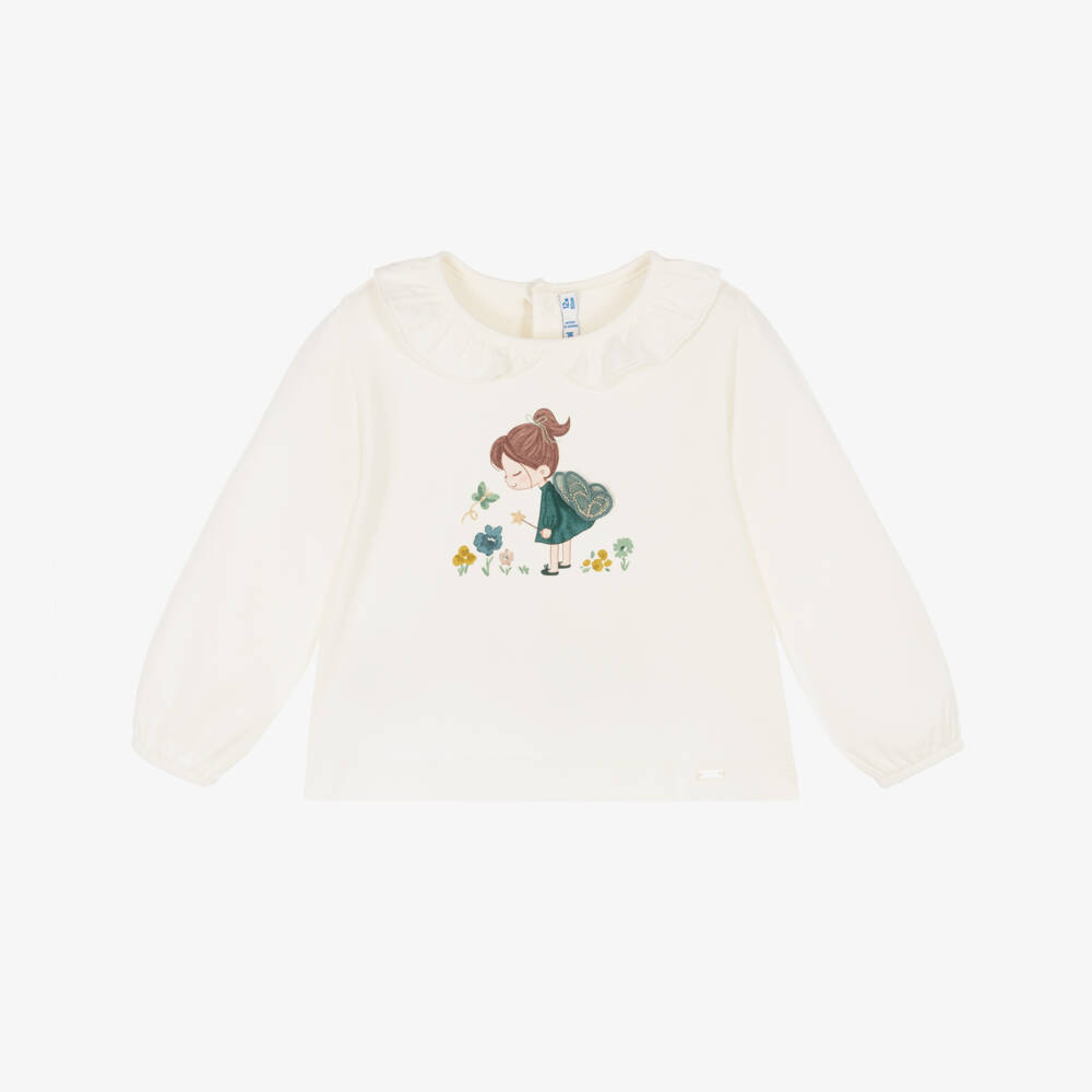 Mayoral-Girls Ivory Cotton Top with Garden Fairy Print | Childrensalon