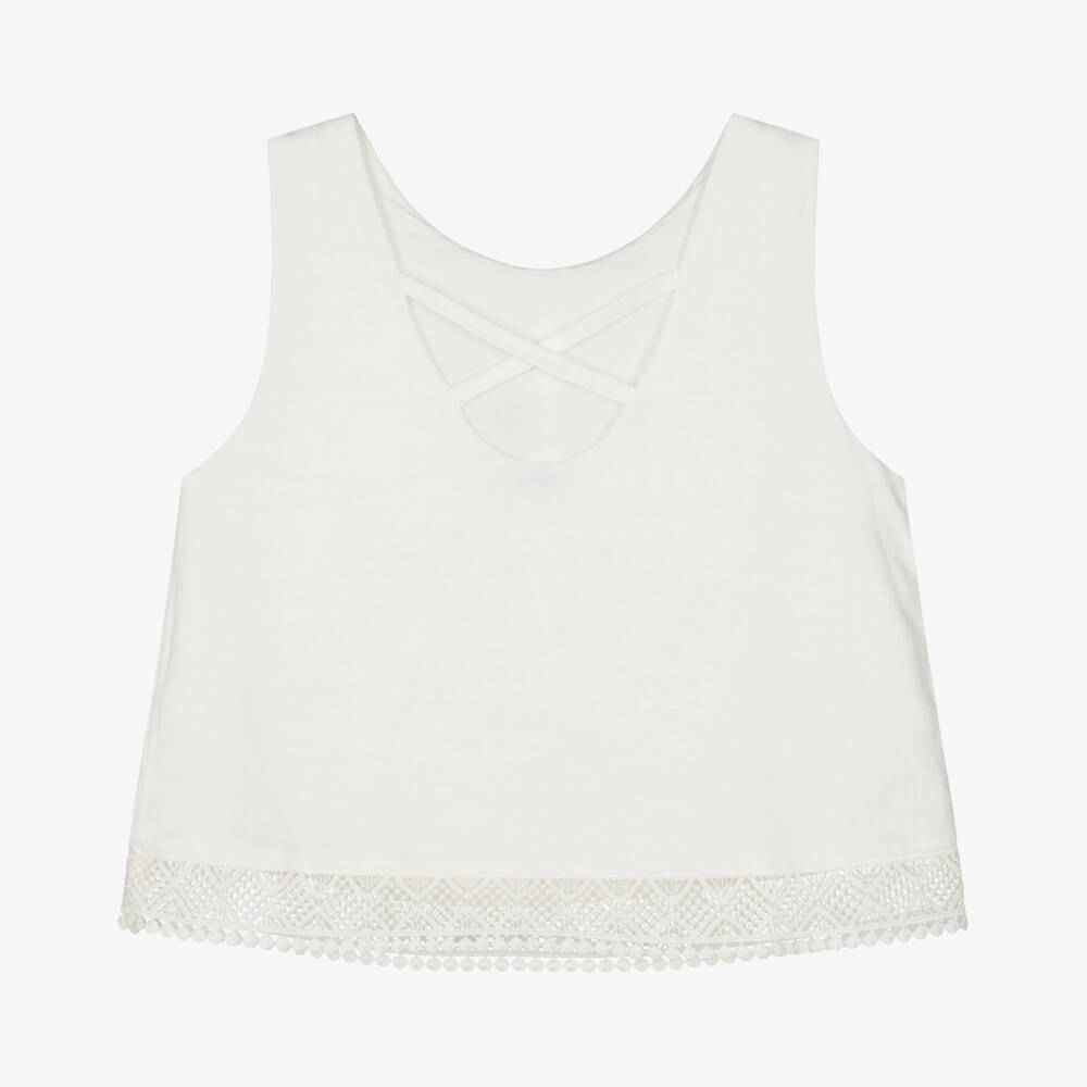 Mayoral-Girls Ivory Cotton Top with Lace Trim | Childrensalon