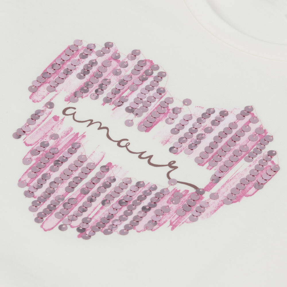 Mayoral-Girls Ivory Cotton Top with Pink Sequin Heart | Childrensalon