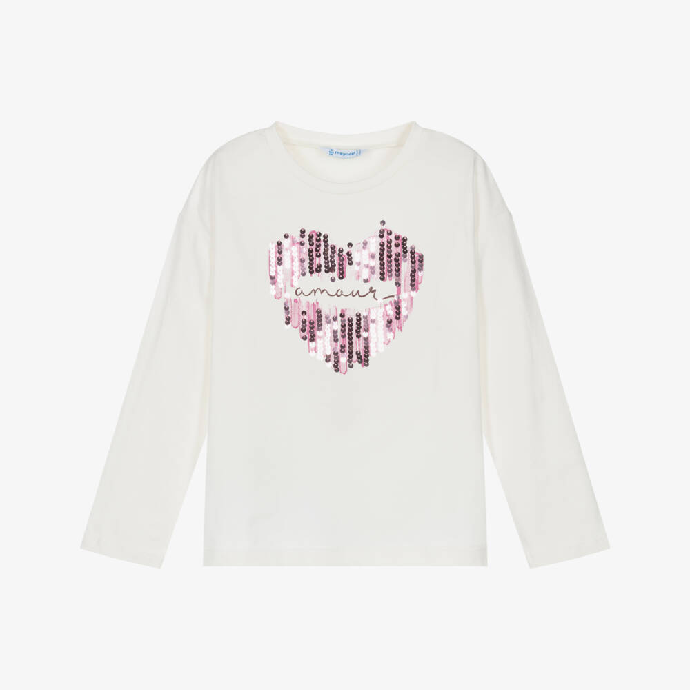 Mayoral-Girls Ivory Cotton Top with Pink Sequin Heart | Childrensalon