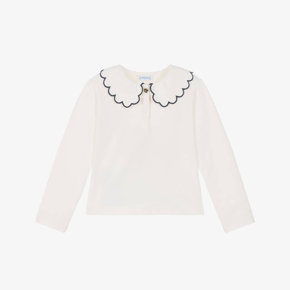 Mayoral-Girls Ivory Cotton Top with Scalloped Collar | Childrensalon