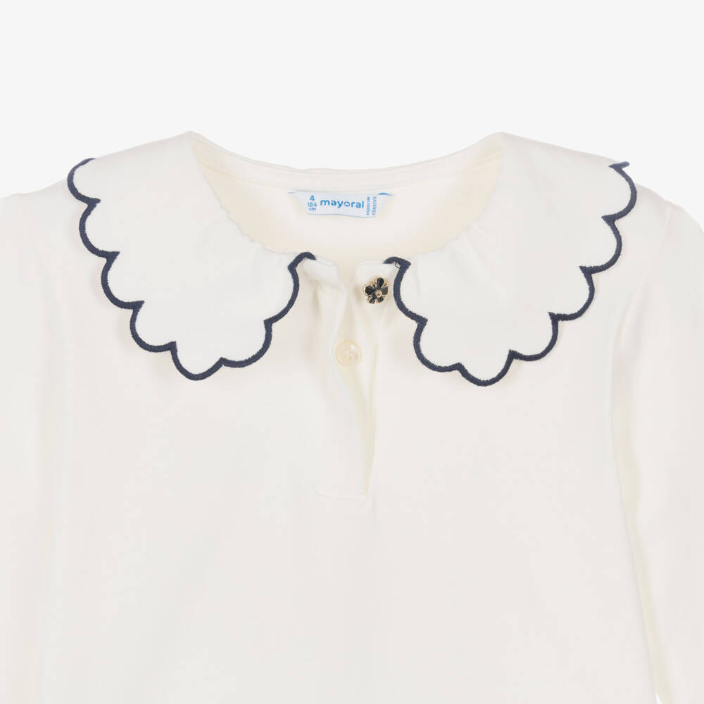 Mayoral-Girls Ivory Cotton Top with Scalloped Collar | Childrensalon