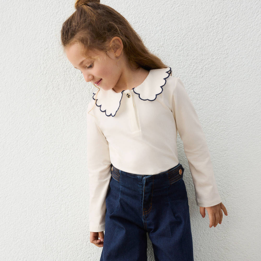 Mayoral-Girls Ivory Cotton Top with Scalloped Collar | Childrensalon