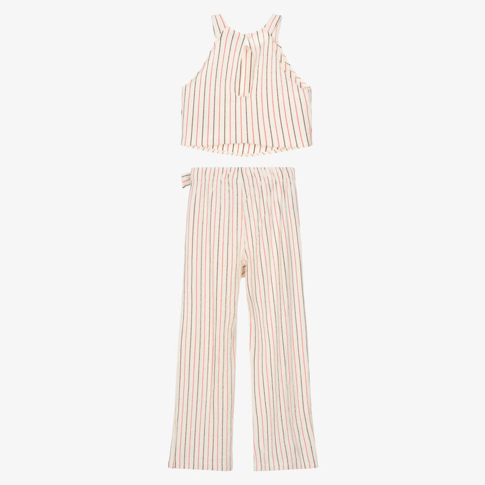 Mayoral-Girls Ivory Cotton Trouser Set with Pink & Brown Stripes | Childrensalon