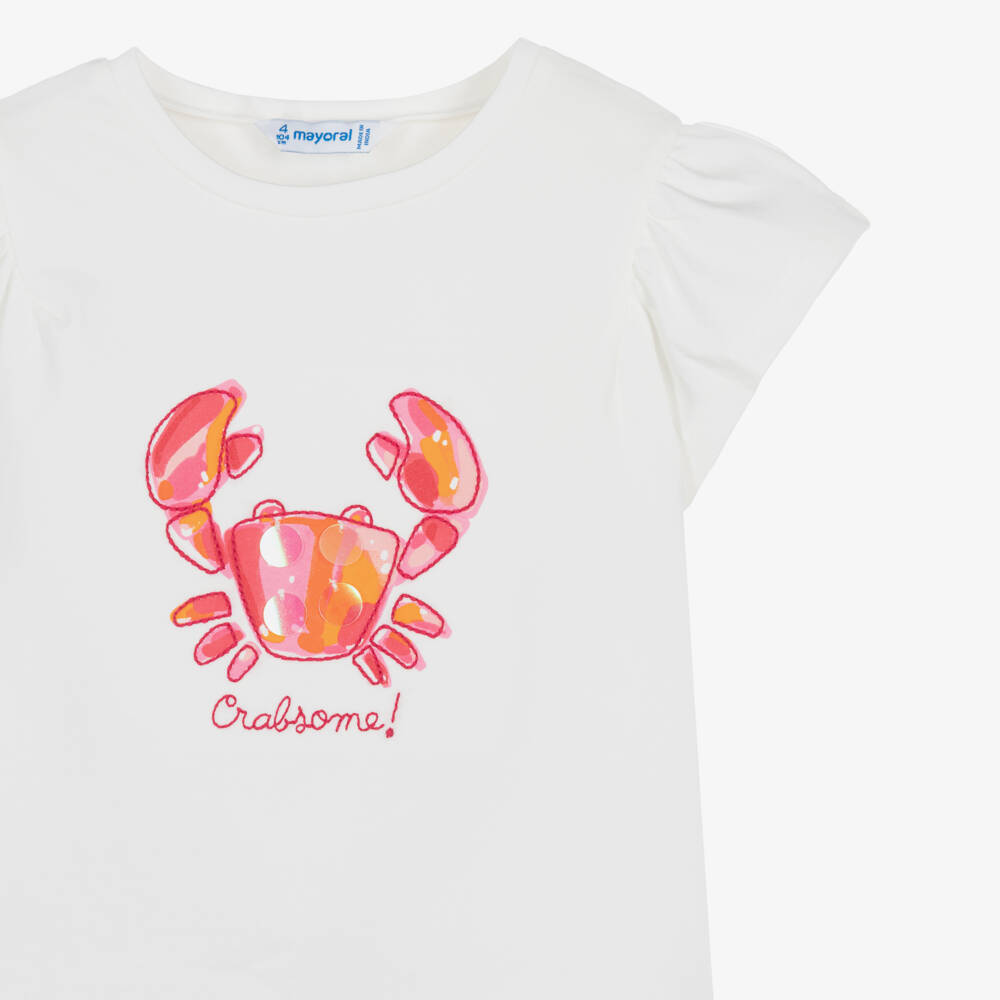 Mayoral-Girls Ivory Crab Print Cotton T-Shirt | Childrensalon