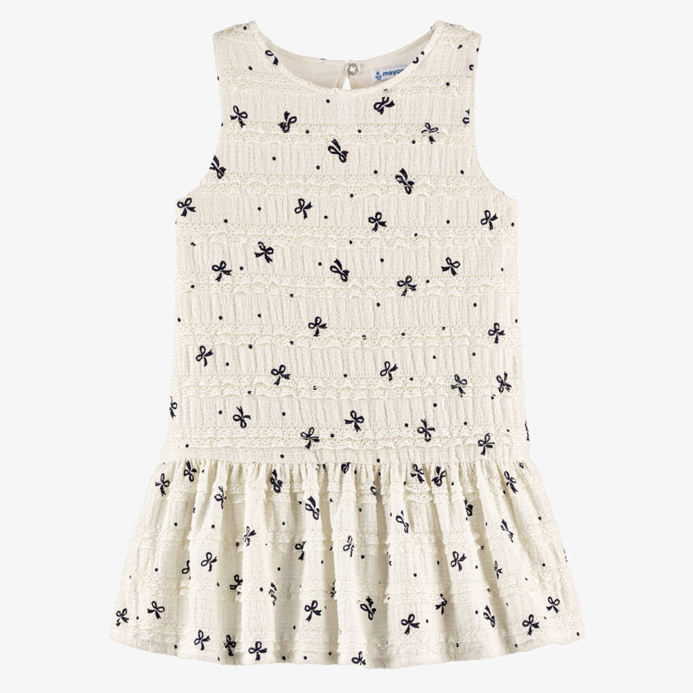 Mayoral-Girls Ivory Crinkle Jersey Dress with Bow Print | Childrensalon