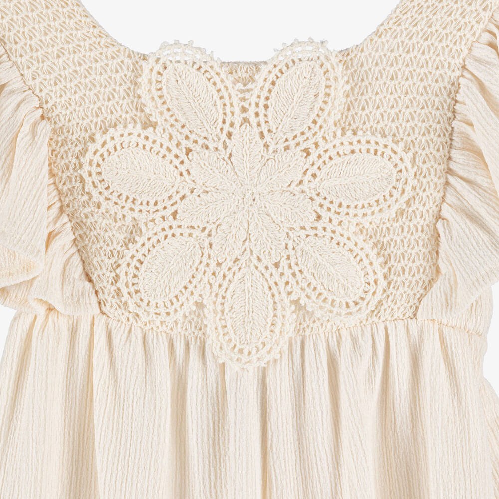 Mayoral-Girls Ivory Crinkle Texture Playsuit with Crochet Flower | Childrensalon