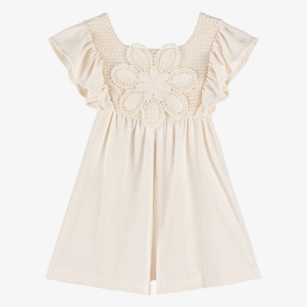 Mayoral-Girls Ivory Crinkle Texture Playsuit with Crochet Flower | Childrensalon