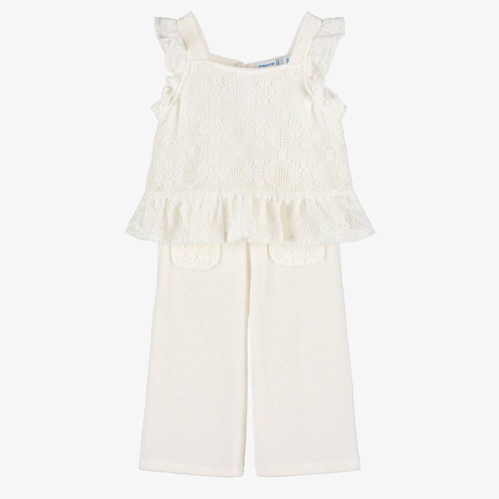 Mayoral-Girls Ivory Crochet Top and Jersey Trouser Set | Childrensalon