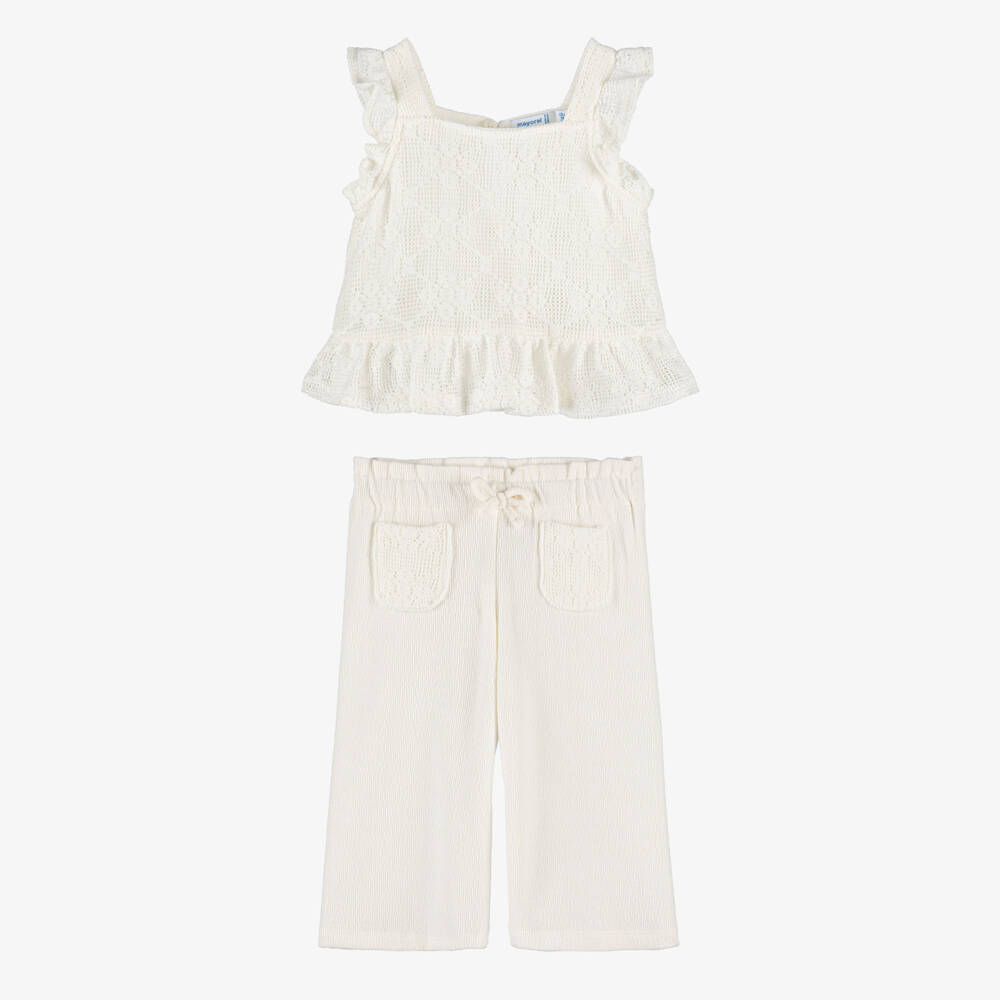 Mayoral-Girls Ivory Crochet Top and Jersey Trouser Set | Childrensalon