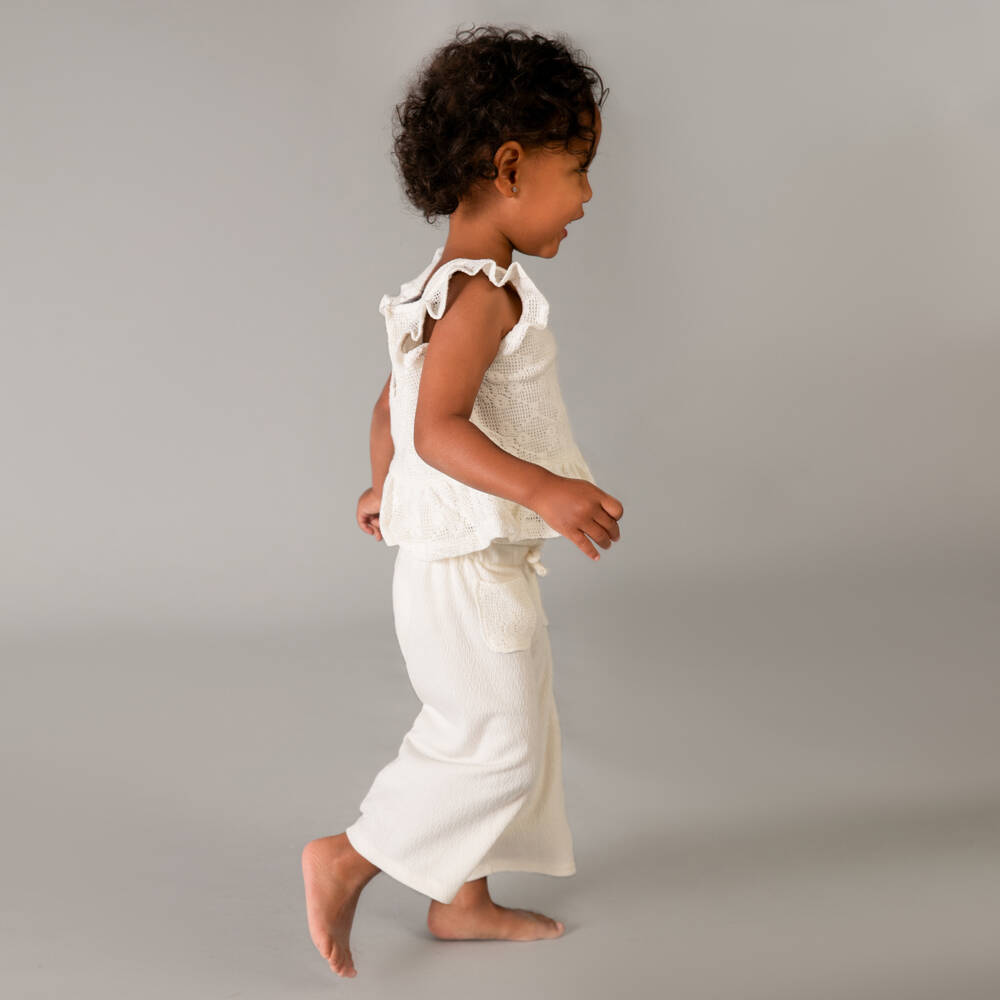 Mayoral-Girls Ivory Crochet Top and Jersey Trouser Set | Childrensalon
